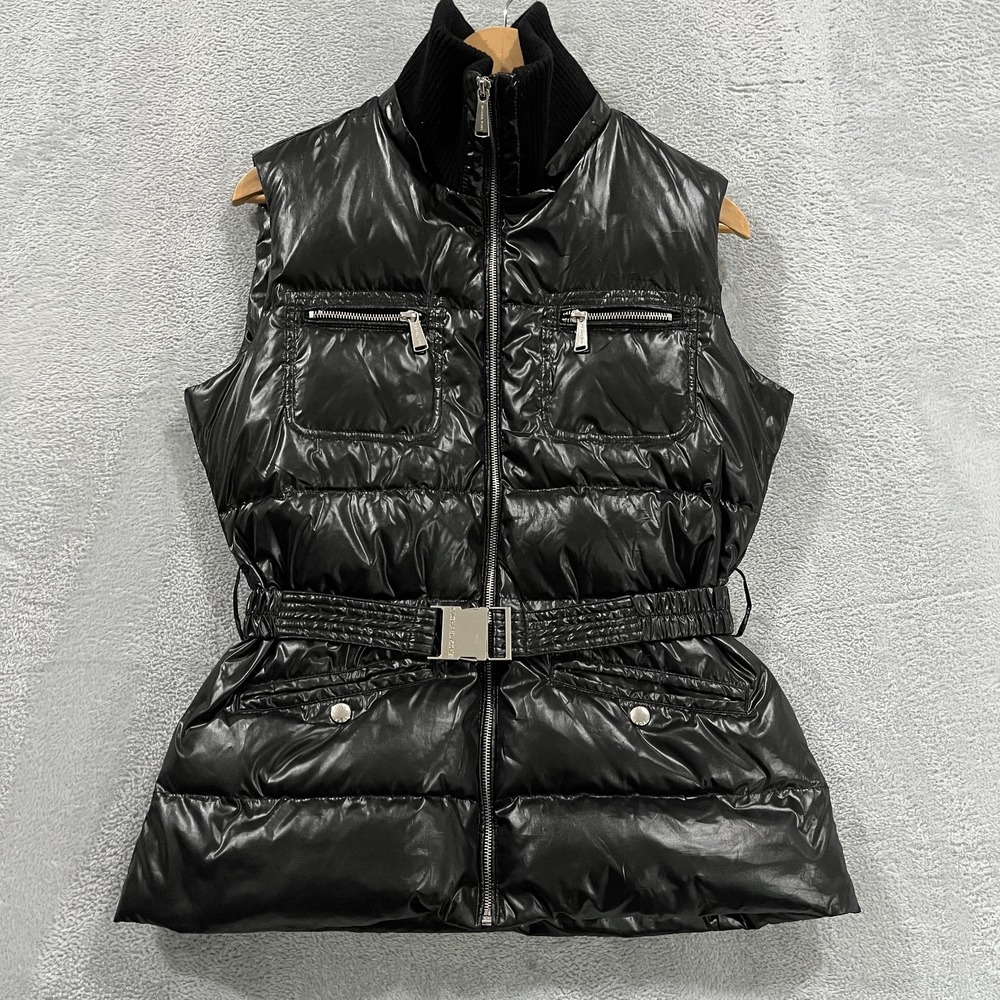 Michael Kors Puffer Vest Womens Medium Belted Grunge Glossy Goth Black Y2K